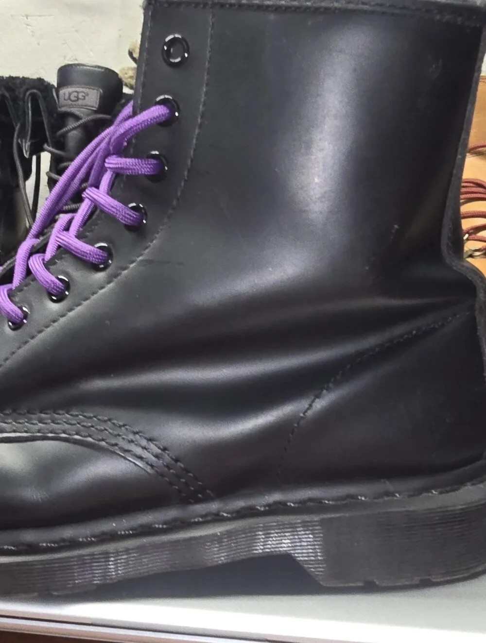 Doc Martins Black Leather Lace-Up Boots with Purple Laces 1460 MONO